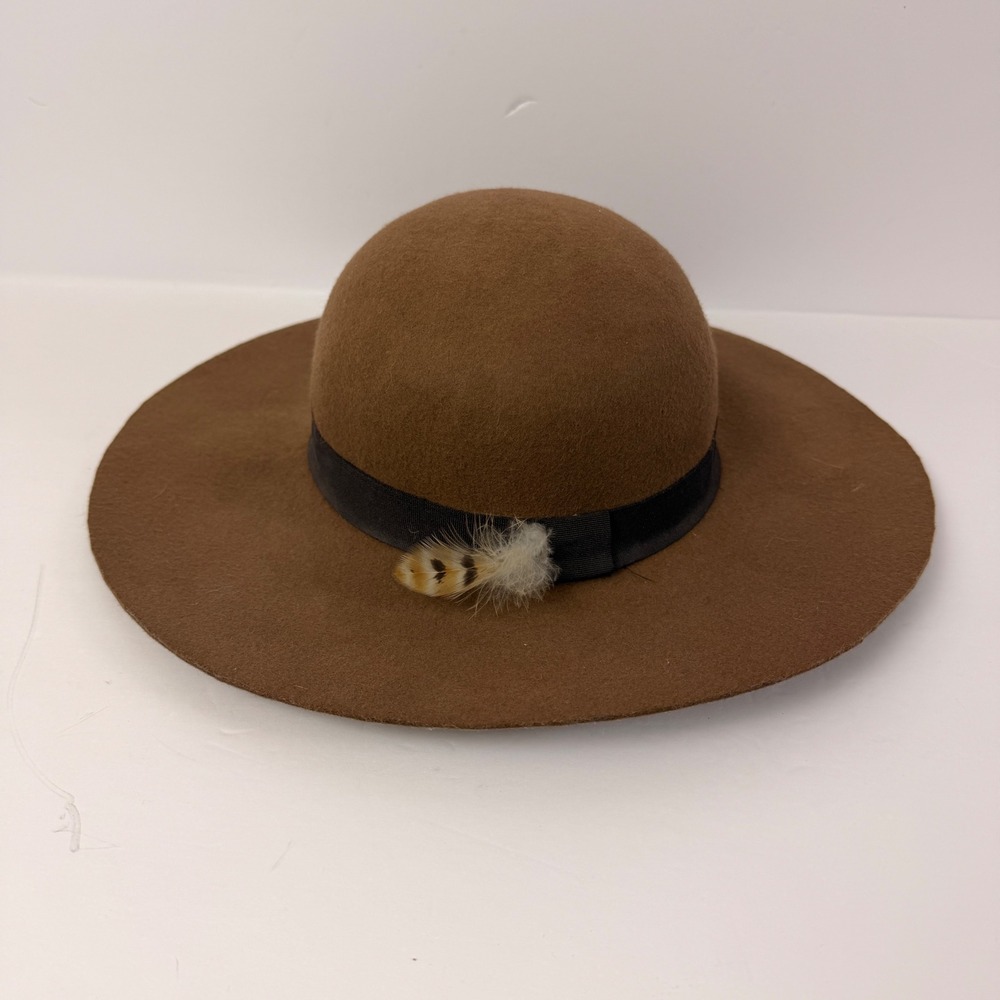 APT 9 100% Wool Brown Wide Brim Fedora Hat Feather Boho Western Ranch
